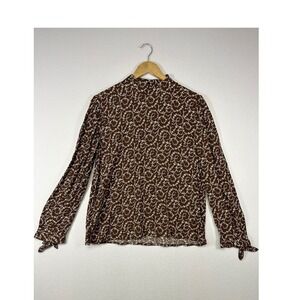 Earthy Cottagecore Loft Outlet M Brown Floral Mock Neck Tie Cuff Blouse Top